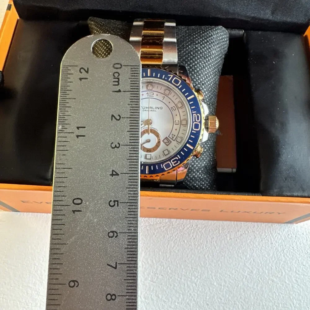 (8014)Stührling Original Men's Quartz Sport Watch SS Bracelet Blue Bezel Box